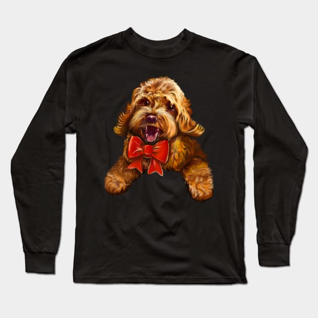 Cute Cavapoo Cavoodle puppy dog with red bow  - cavalier king charles spaniel poodle, puppy love Long Sleeve T-Shirt by Artonmytee